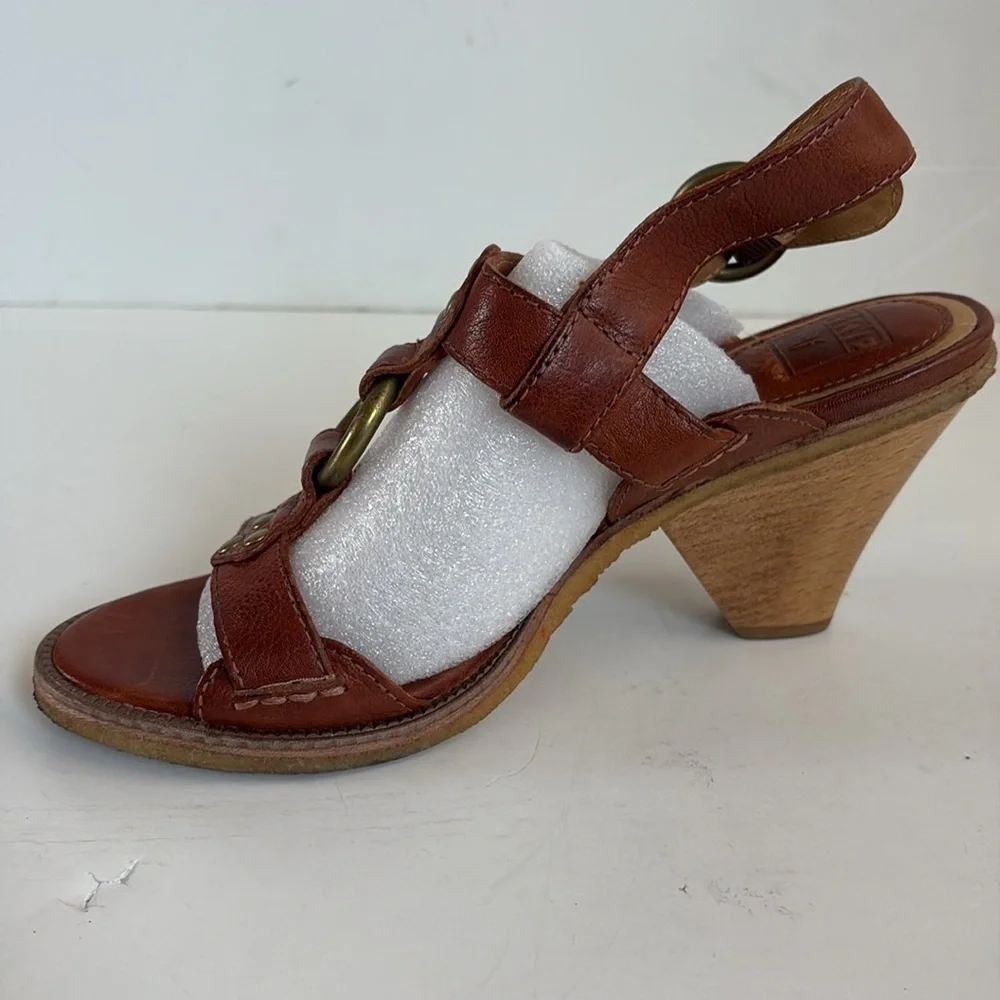 Frye Mandy T Strap brown leather up gladiator gold hardware open toe sandal cone
